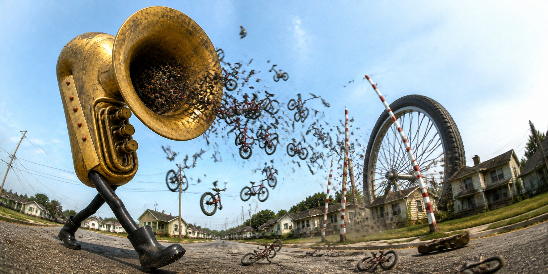 TUBA blasts miniature bicycles toward an enormous wheel in an empty suburb