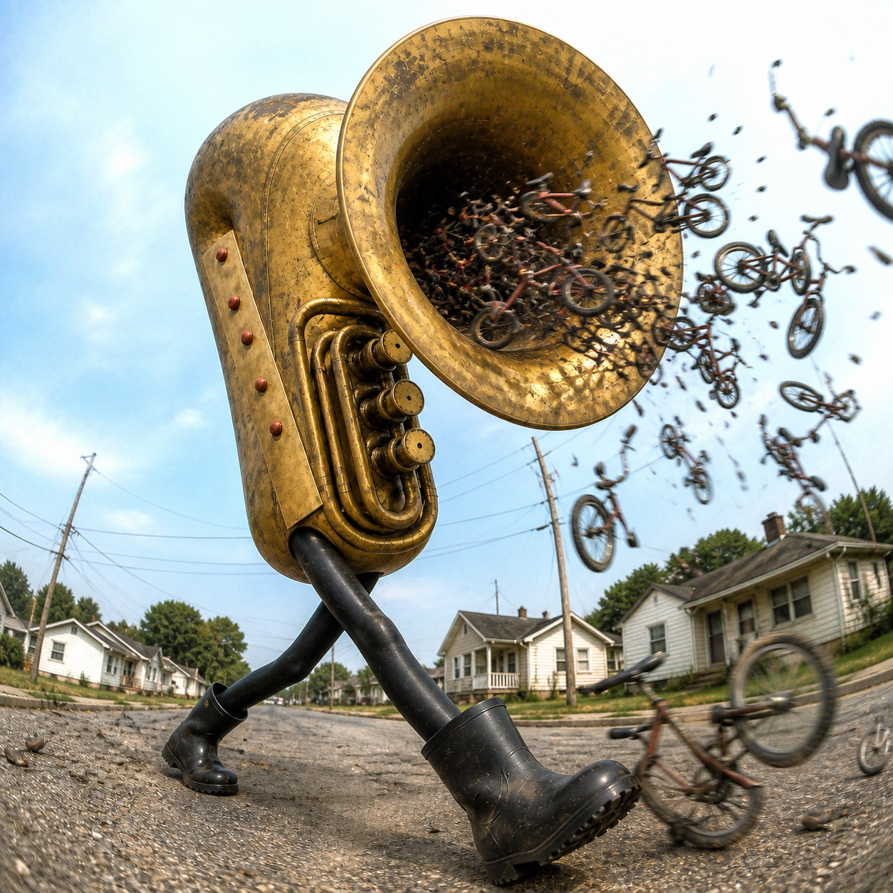A giant tarnished tuba on black booted legs blasting tiny bicycles into a suburban street